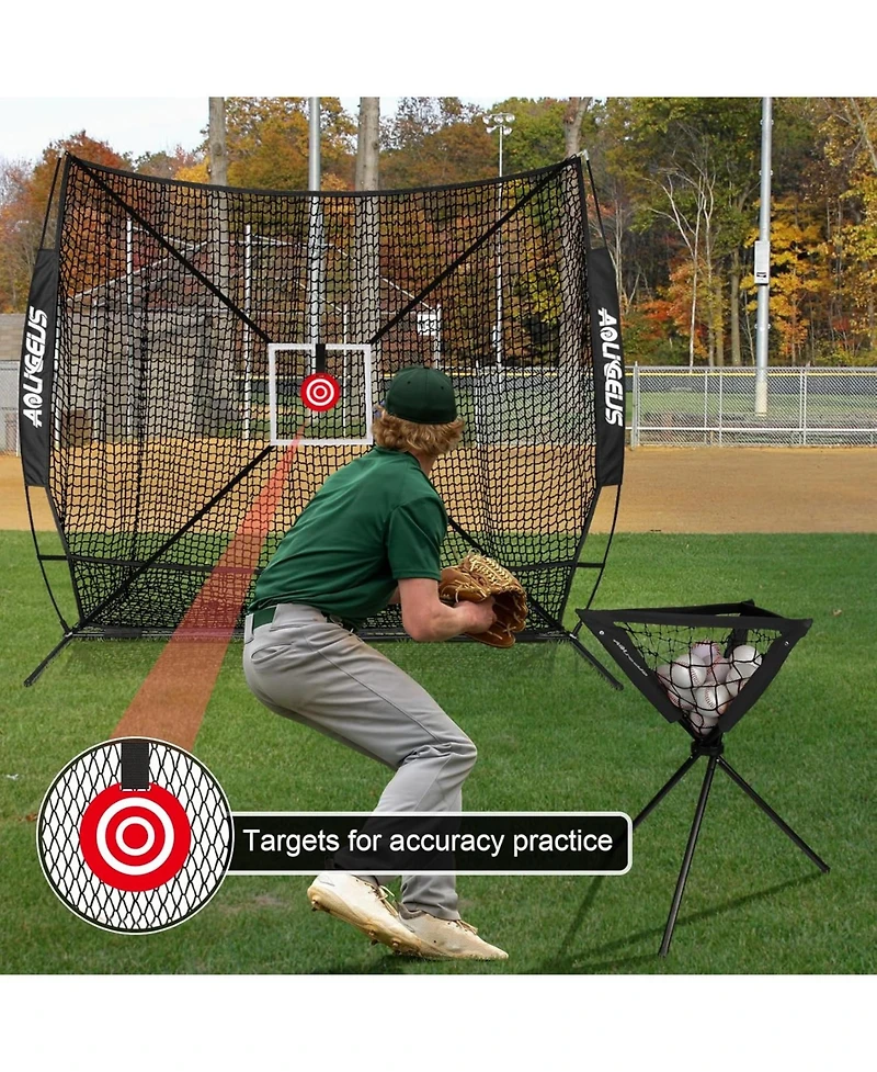Aoligeijs Baseball Softball Practice Net with Batting Tee and Ball Caddy, Bonus Strike Zone Target and Bow Frame