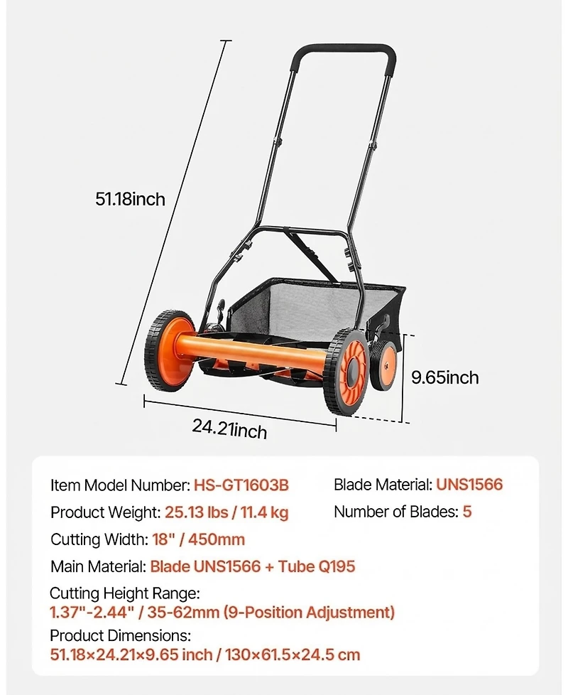 Sugift Push Reel Lawn Mower, 18 inches, 5 Blades, Manual Lawn Edger with Grass Catcher