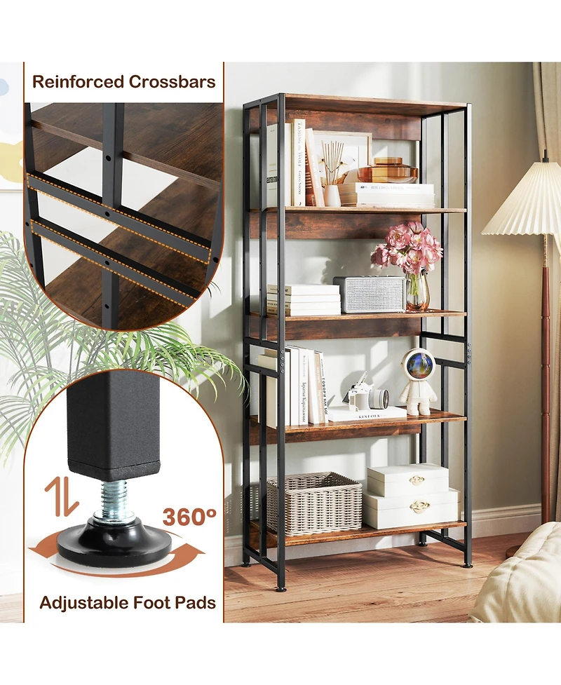 Gouun 5-Tier Adjustable Bookshelf with Tiltable Shelves and Metal Frame