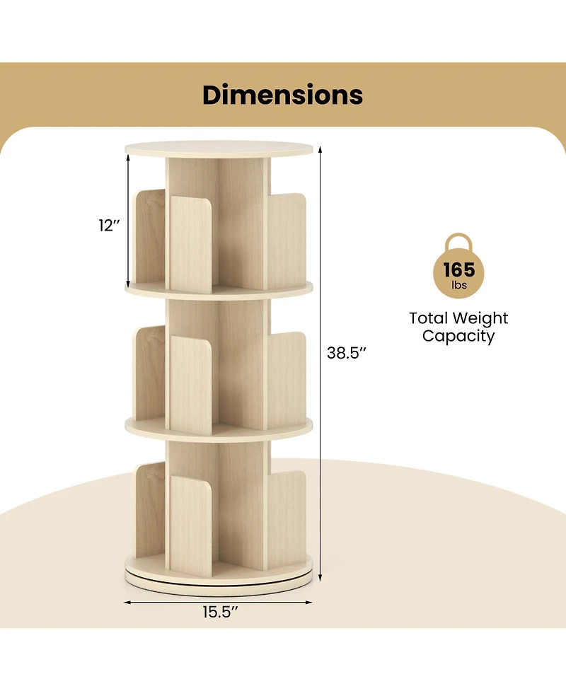 Gouun 3-Tier Rotating Bookshelf with Dividers and Anti-Falling Baffles