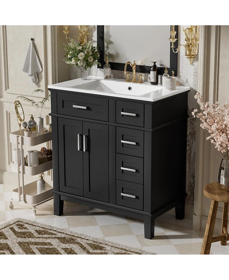 Sillysis 30 Inch Modern Bathroom Vanity with Ceramic Sink, Solid Wood Mdf Freestanding Cabinet, Soft Close Drawers for Small Spaces