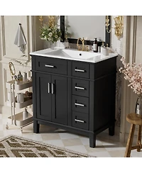 Sillysis 30 Inch Modern Bathroom Vanity with Ceramic Sink, Solid Wood Mdf Freestanding Cabinet, Soft Close Drawers for Small Spaces