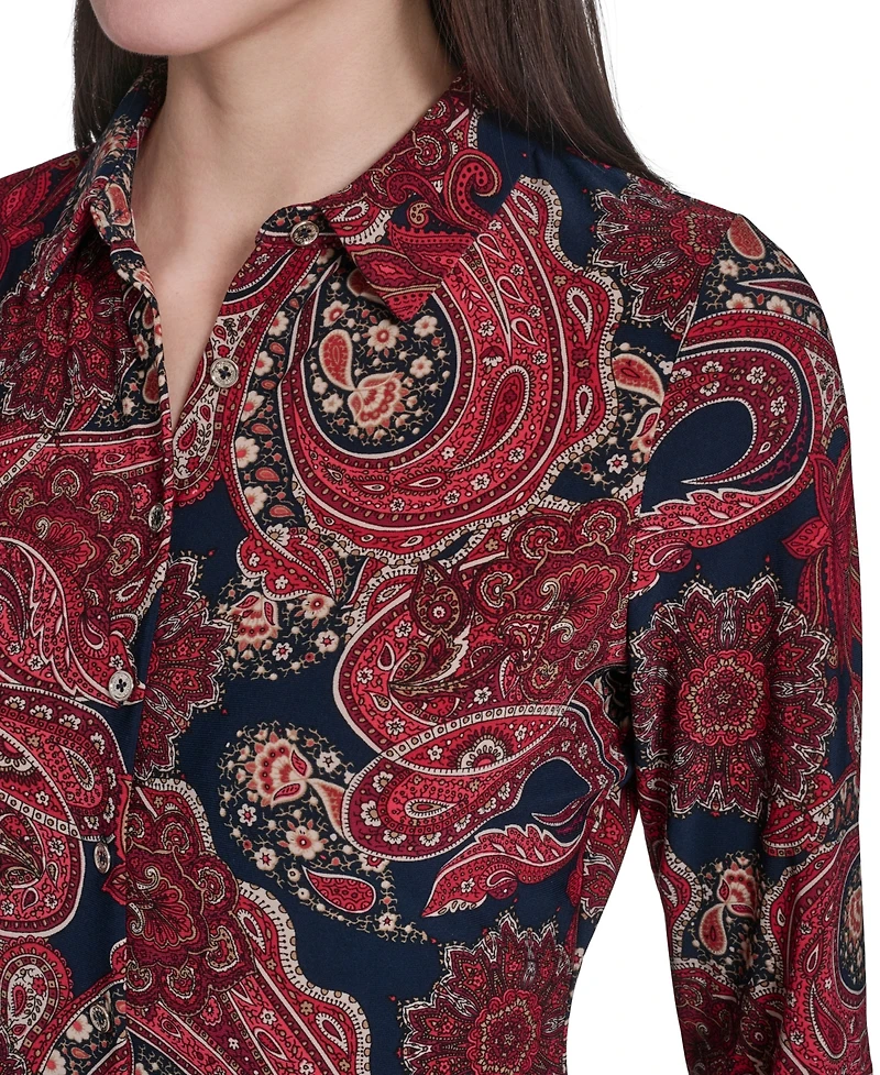 Tommy Hilfiger Women's Long-Sleeve Paisley Print Collared Top