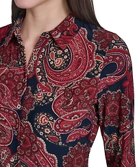 Tommy Hilfiger Women's Long-Sleeve Paisley Print Collared Top