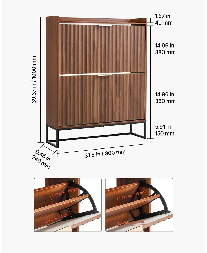 Gouun Mid-Century Fluted Shoe Cabinet with 2 Flip Drawers and Anti-Tip Device