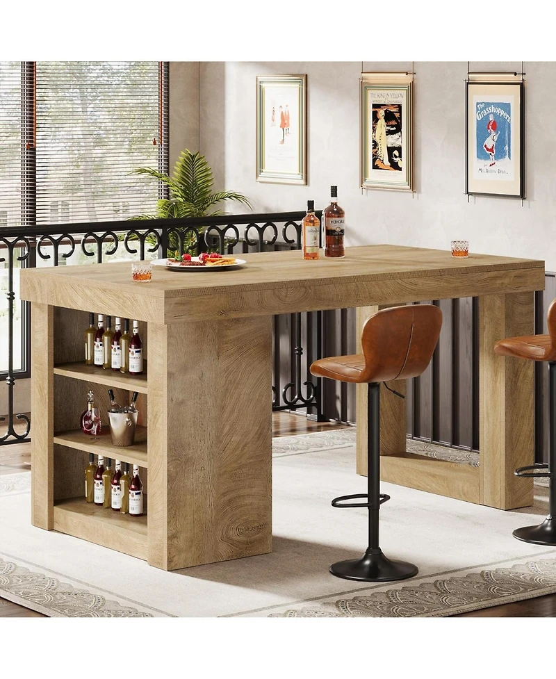Tribesigns Wooden Farmhouse Bar Table, 55" Large Counter Height Table with Storage Shelves, Modern Home Bar Furniture