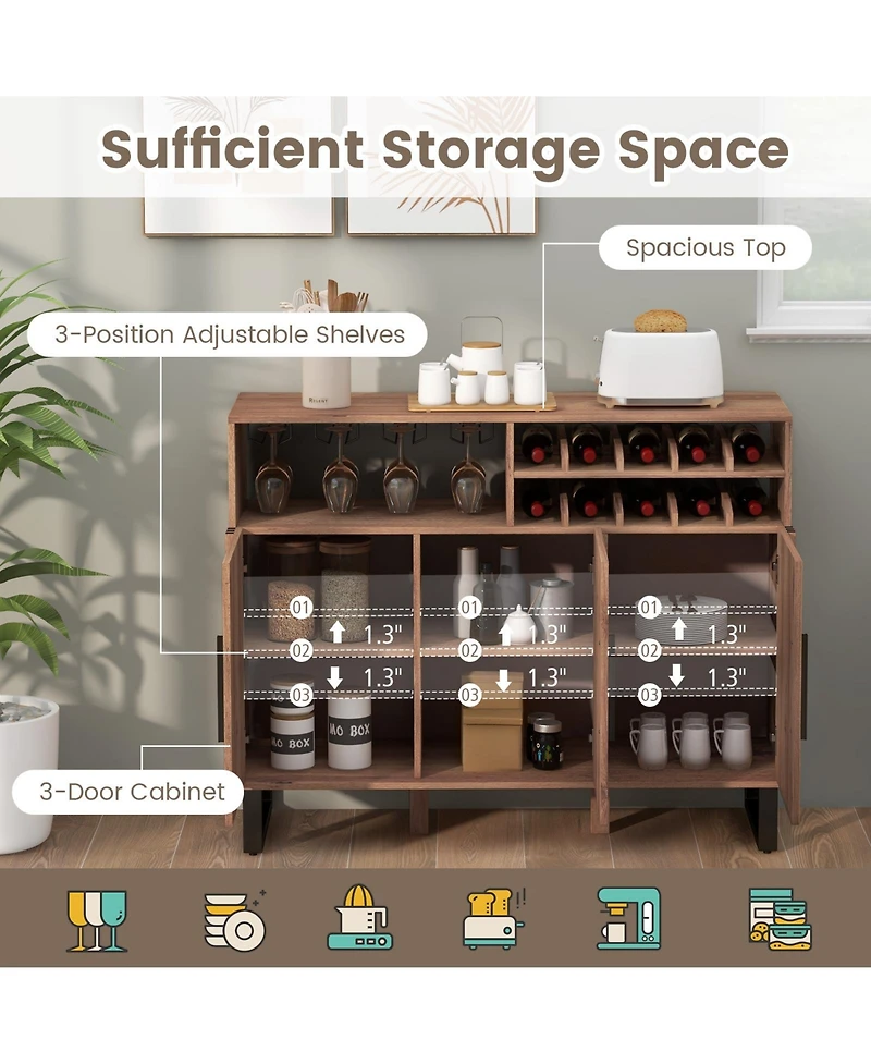 Gouun Wine Bar Cabinet with 3 Doors and Adjustable Shelves