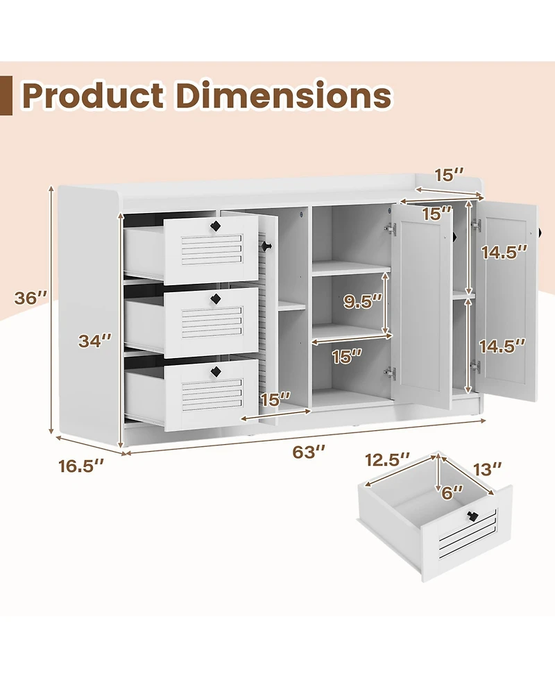 Gouun Modern Buffet Cabinet with 3 Doors and Enclosed Storage