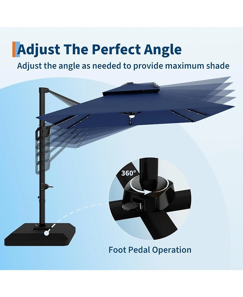 gaomon 10 ft Solar Lights Cantilever Patio Umbrella with Base Included, 360degree(s) Rotation Offset Umbrella, Easy Crank and Tilt Adjustment