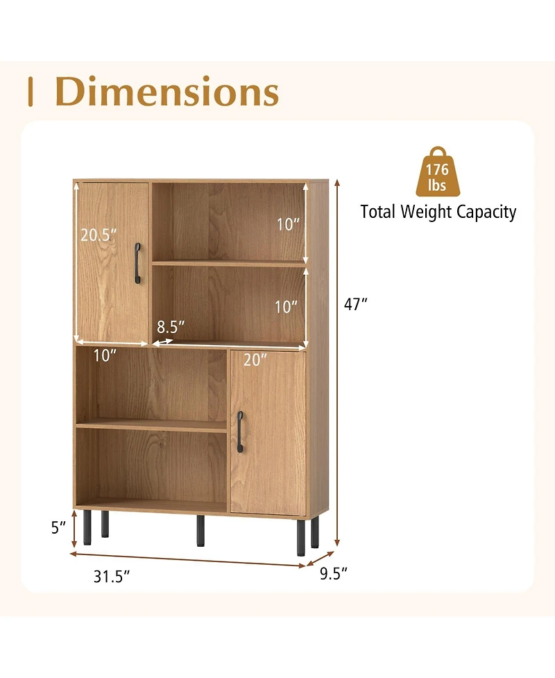 Gouun 47 in Storage Cabinet with 2 Doors and 4 Open Shelves, 31.5 x 9.5 x 47 in