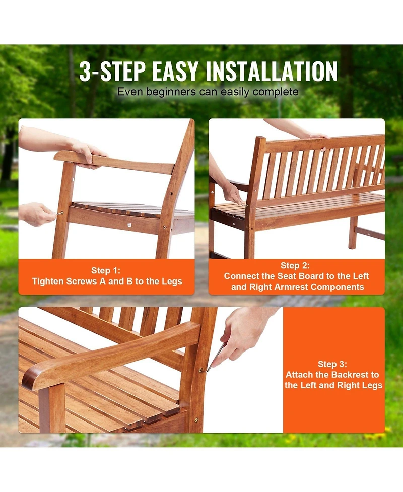 Gouun 50 in Wood Garden Bench with Backrest and Armrests, 800 lbs Capacity