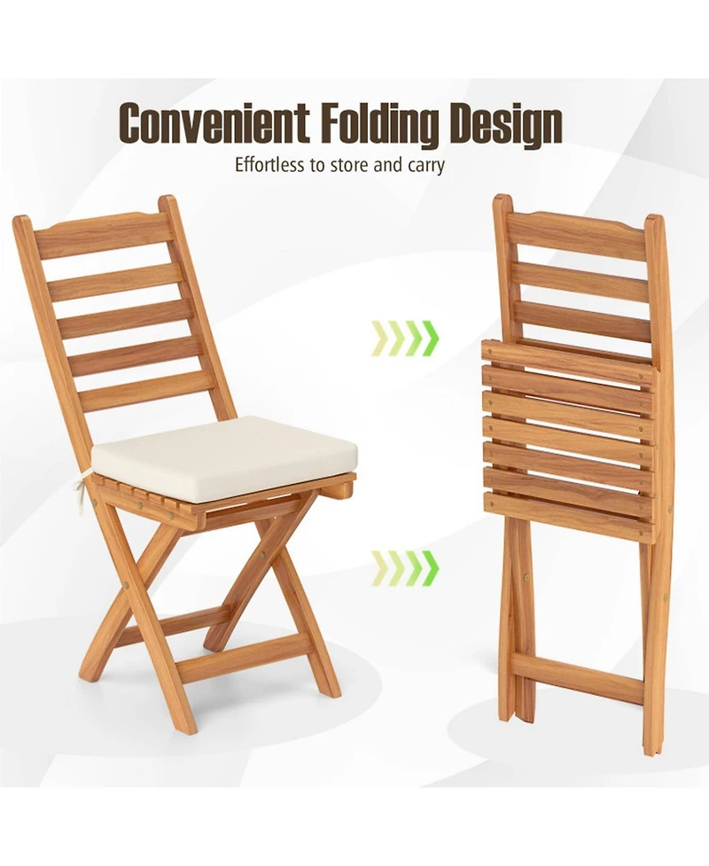 Gouun Set of 2 Folding Acacia Wood Patio Dining Chairs with Cushioned Seats