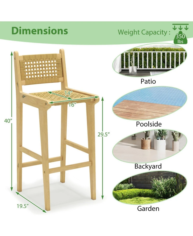 Gouun Teak Wood Bar Height Stool with Hand-Woven Rattan Backrest and Integrated Footrest