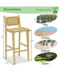 Gouun Teak Wood Bar Height Stool with Hand-Woven Rattan Backrest and Integrated Footrest