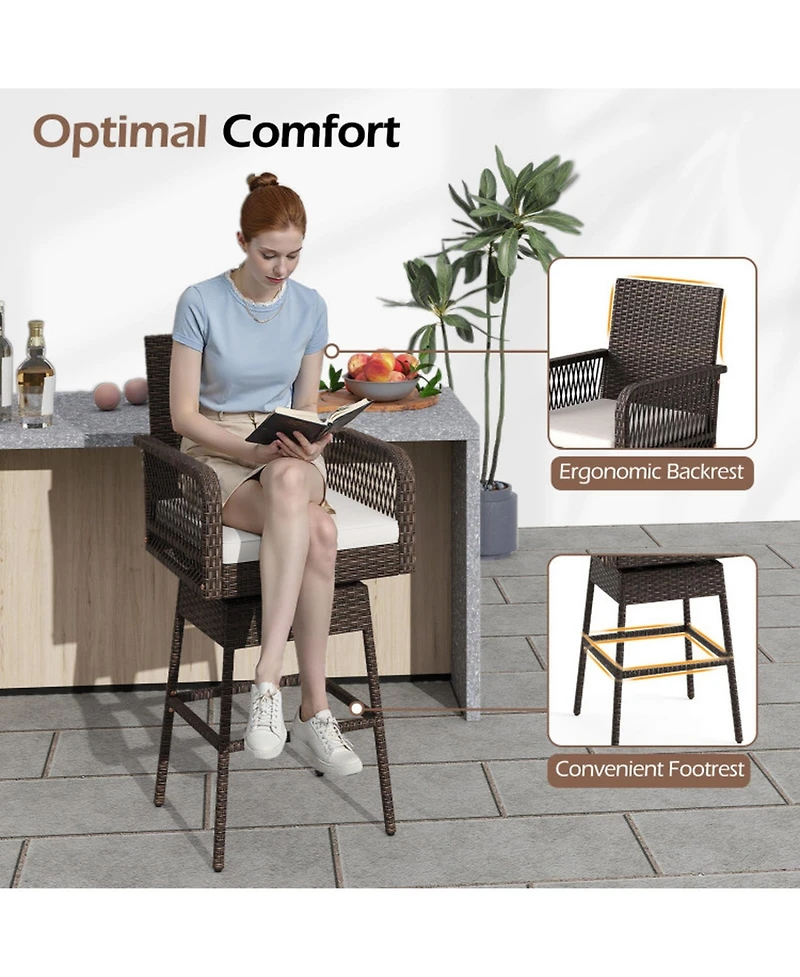 Gouun 360-Degree Swivel Pe Rattan Bar Stool with Cross-Woven Armrests and Removable Seat Cushion
