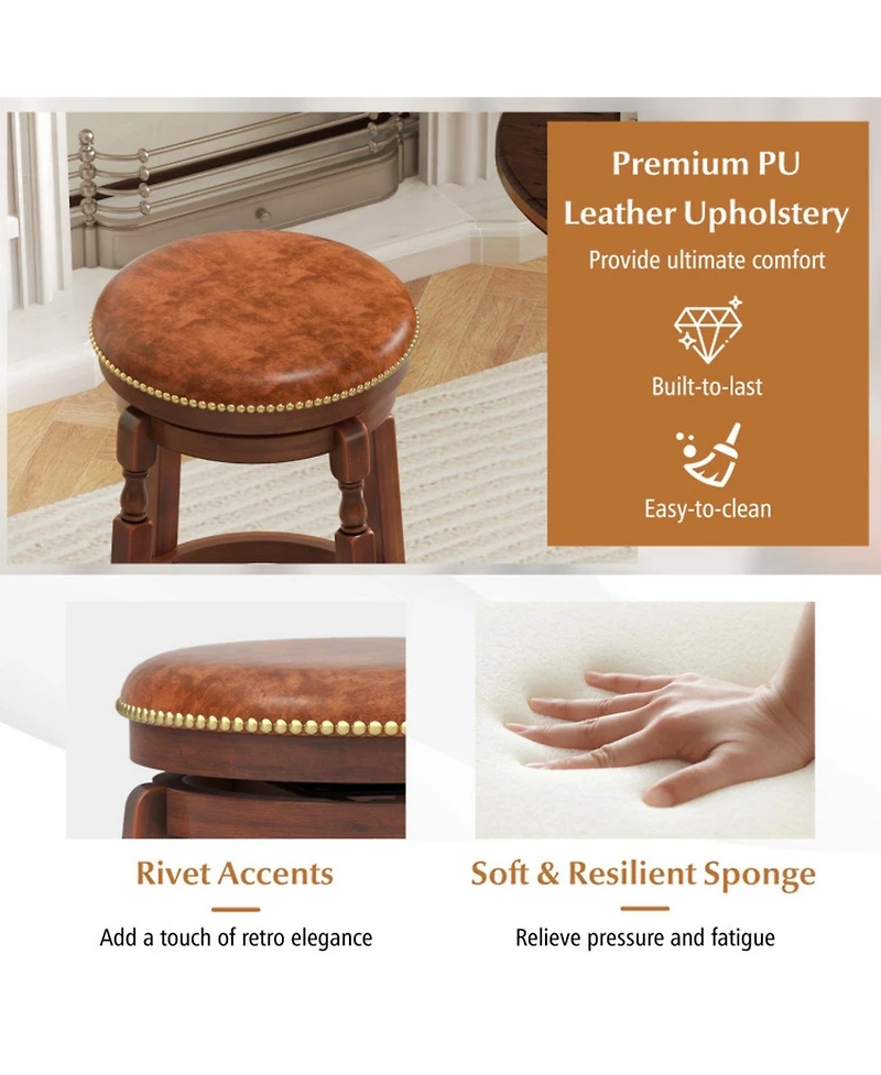 Gouun Swivel Counter Stool Set of 2 with Pu Leather Seat and Rubber Wood Base