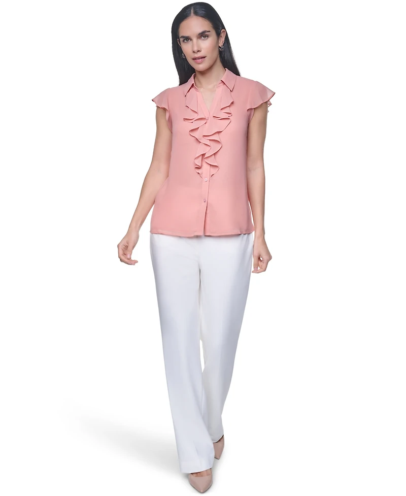 Calvin Klein Women's Collared Ruffle Front Blouse