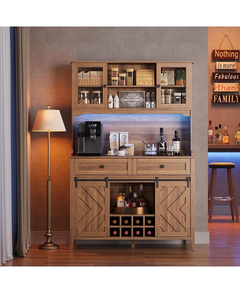 gaomon Sliding Barn Door High Bar Cabinet Farmhouse, Large Kitchen Buffet with Hutch Wine Storage