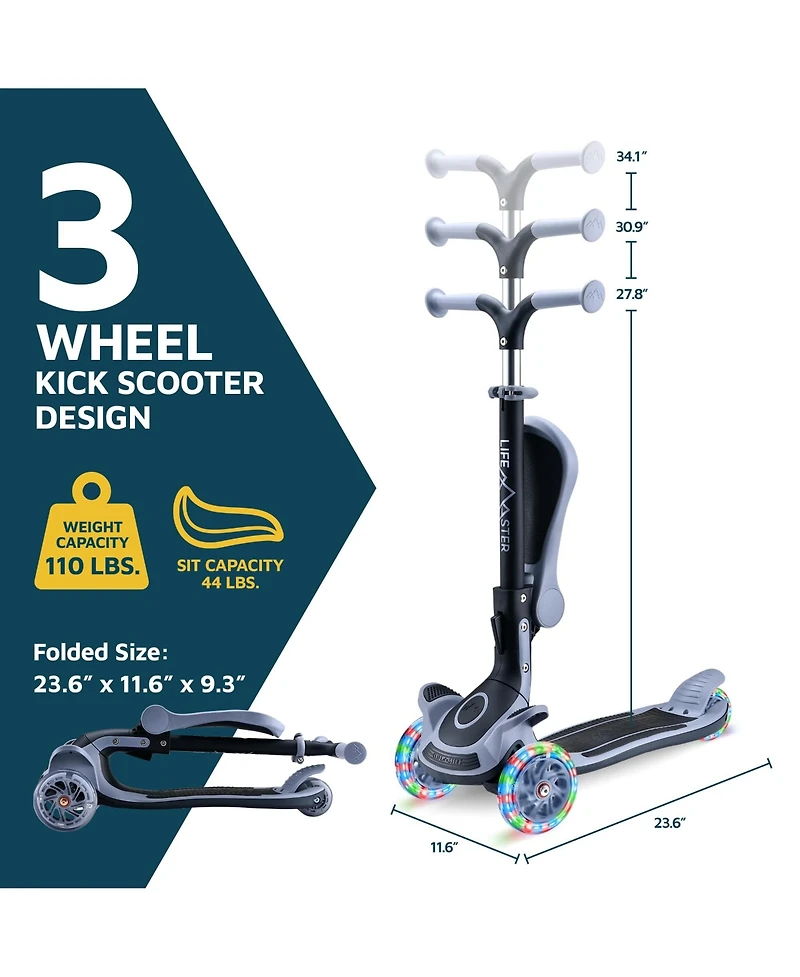 Lifemaster 3-Wheel Kids Scooter with Foldable Seat, Adjustable Handlebar, Lean-to-Steer Design, Led Light-Up Wheels, Wide Anti-Slip Deck