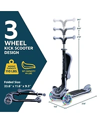 Lifemaster 3-Wheel Kids Scooter with Foldable Seat, Adjustable Handlebar, Lean-to-Steer Design, Led Light-Up Wheels, Wide Anti-Slip Deck
