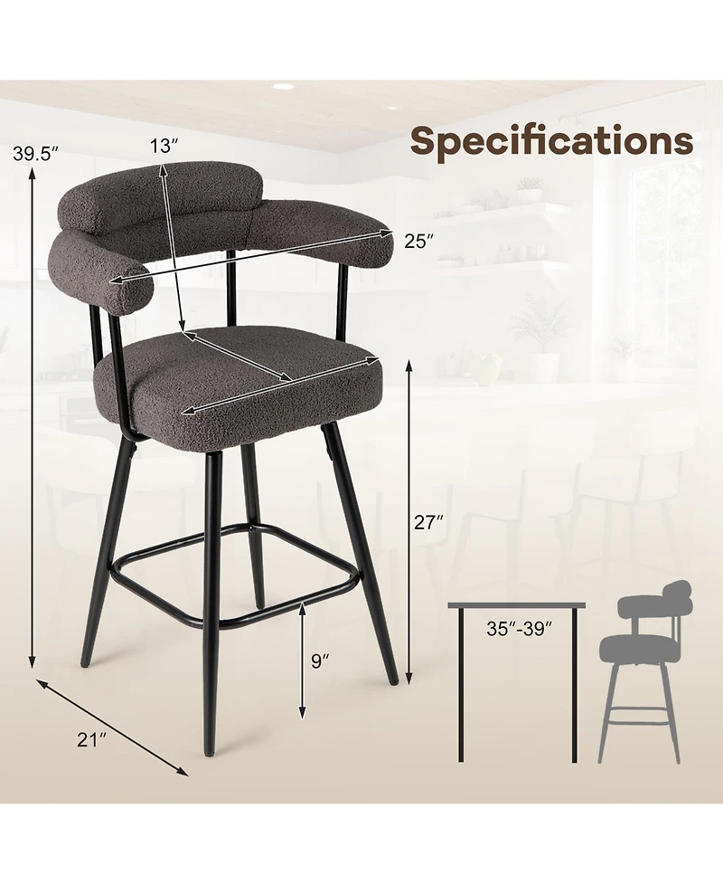 Sugift Swivel Bar Stool Set of 2 Counter Height Chairs with Curved Back and Arms