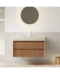 Sillysis Floating Bathroom Vanity With Roma Travertine Sintered Stone Top Solid Wood Drawer Plywood Cabinet
