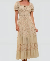 Modenaire Women's Floral Puff-Sleeve Smocked-Waist Maxi Dress