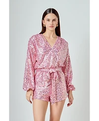 Women's Sequins Wrapped Romper with Belt