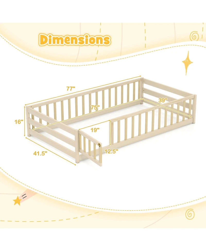 Costway Twin Size Floor Bed with Door & Fence with Safety Guardrails & Slats Support