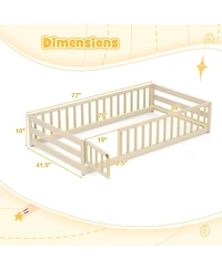 Costway Twin Size Floor Bed with Door & Fence with Safety Guardrails & Slats Support