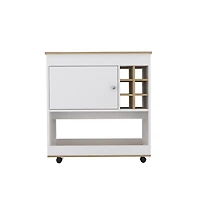 Flynama Light Oak/White Bar Cart with 6 Bottle Cubbies, 1 Cabinet and 4 Casters