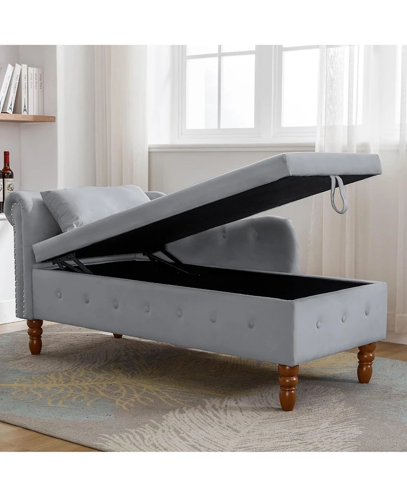 Rainsken Velvet Upholstered Chaise Lounge Chair, Modern Rolled Armrest Accent Chair with Hidden Storage, Nailhead Trim and Pillow for Living Room