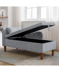 Rainsken Velvet Upholstered Chaise Lounge Chair, Modern Rolled Armrest Accent Chair with Hidden Storage, Nailhead Trim and Pillow for Living Room