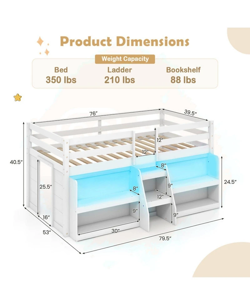 Gouun Loft Bed with Led Lights and Staircase