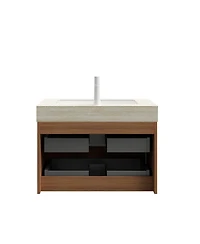 Sillysis Floating Bathroom Vanity with Roma Travertine Sintered Stone Top, Solid Wood Drawer, Plywood Cabinet, Pre-assembled