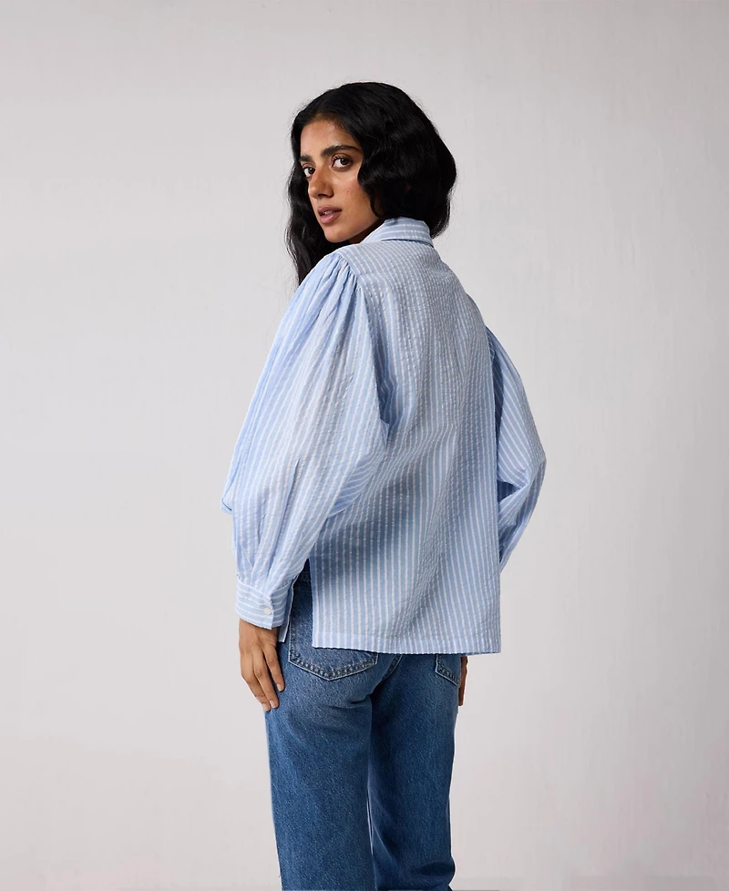 Reistor Women's Long Balloon Sleeves Striped Shirt