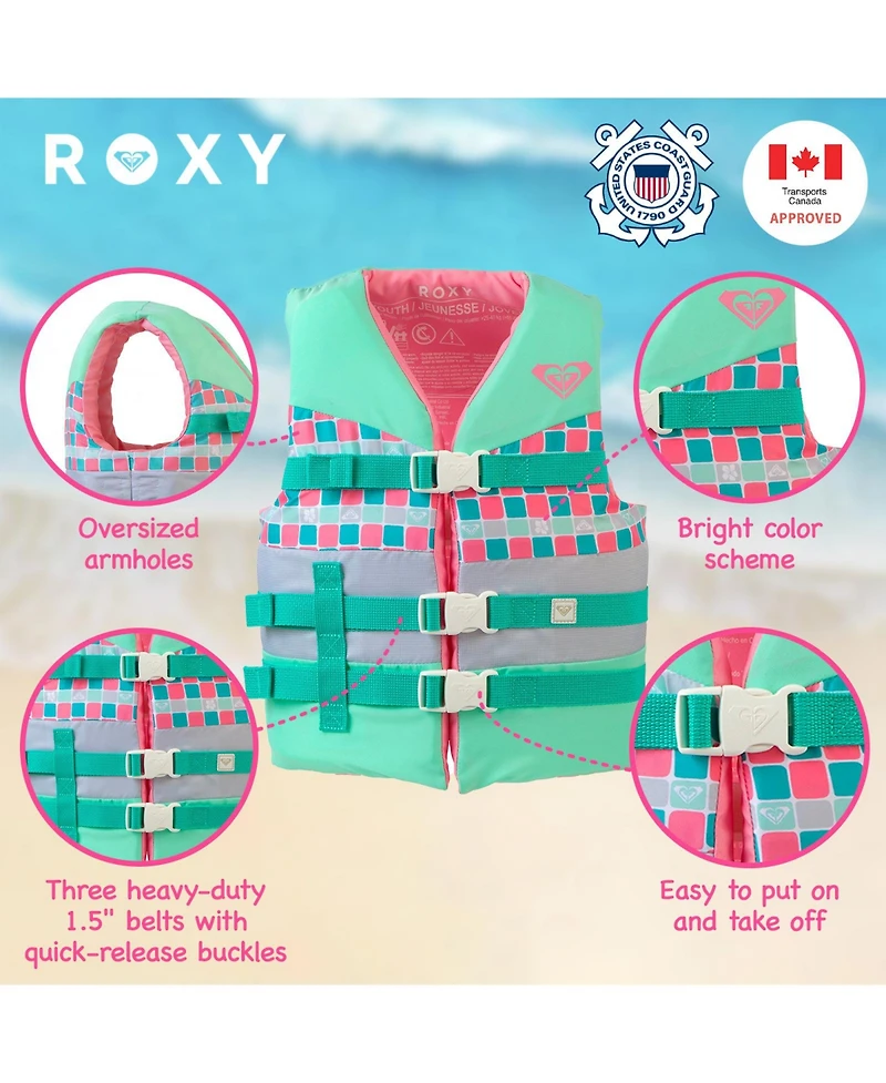 Roxy Uscg Approved Teen and Youth Life Vest Pfd, Light-Weight Epe Foam, Three Belts with Quick-Release Buckles for Fishing, Boating and Kayaking