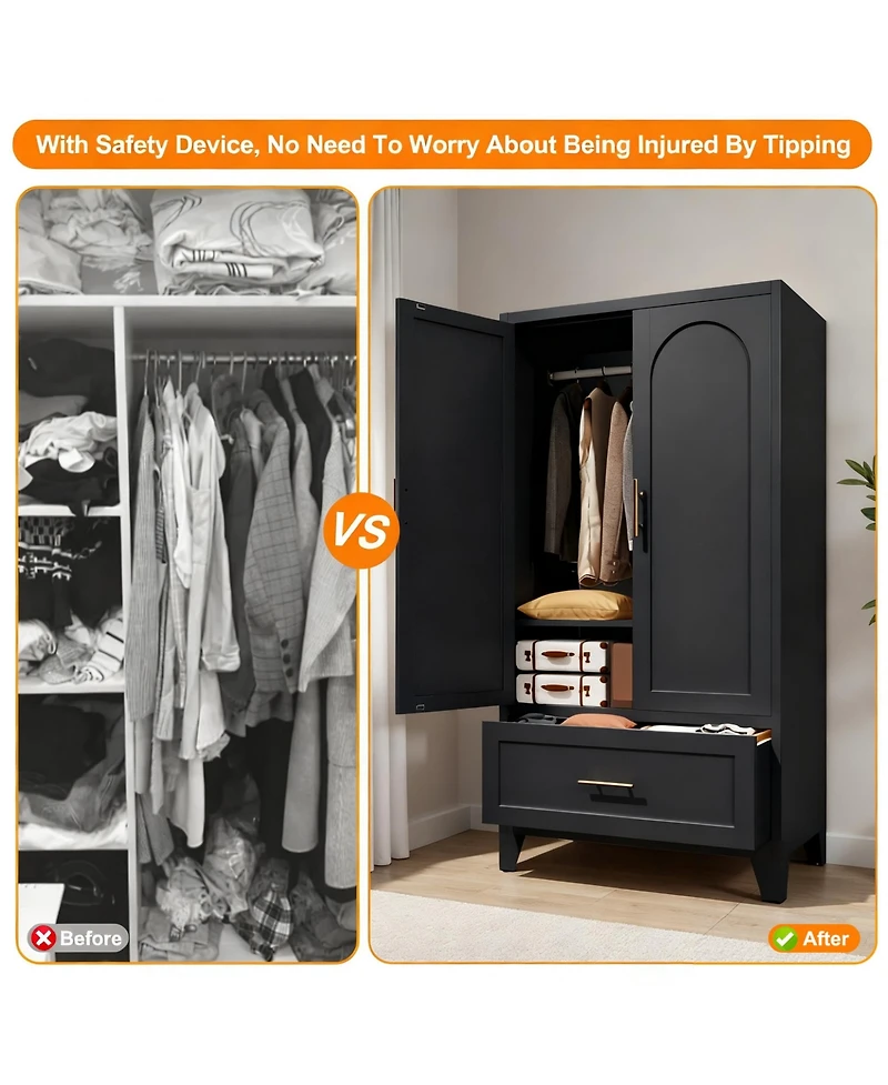 Rainsken Wardrobe Cabinet, 60" Tall Armoire Wardrobe Closet with 1 Drawer, 2 Doors and Hanging Rod, Farmhouse Clothing Storage Cabinet for Bedroom