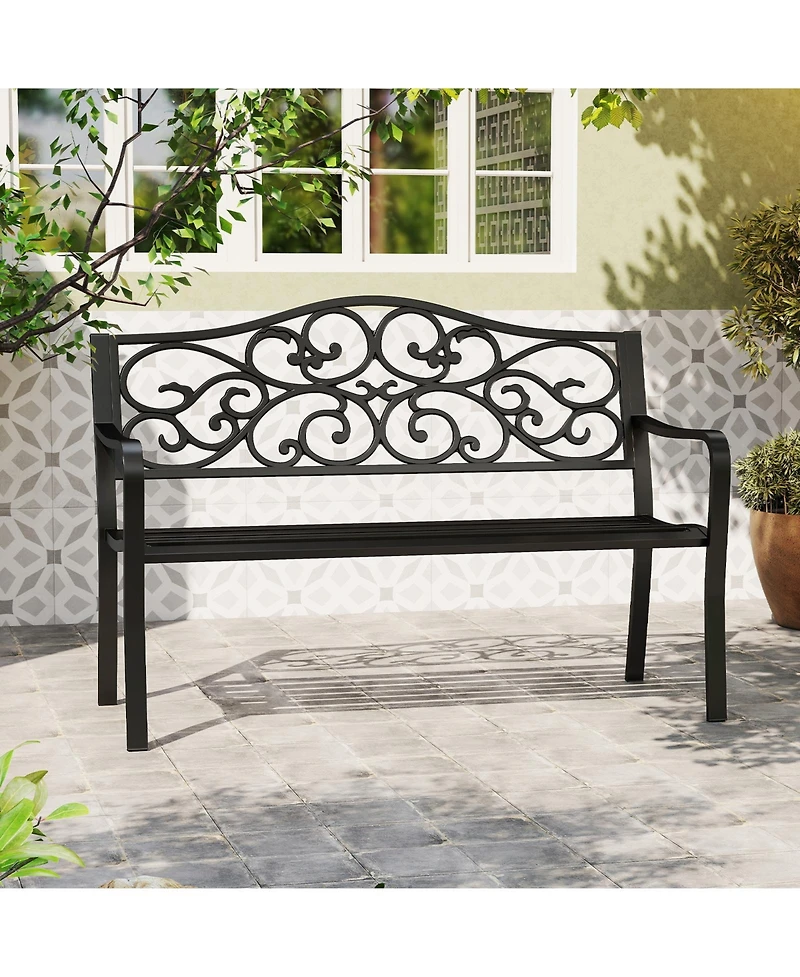 Sugift 50 Inches Outdoor Cast Iron Metal Patio Bench with Floral Design Backrest and Slatted Seat