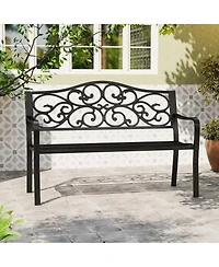 Sugift 50 Inches Outdoor Cast Iron Metal Patio Bench with Floral Design Backrest and Slatted Seat