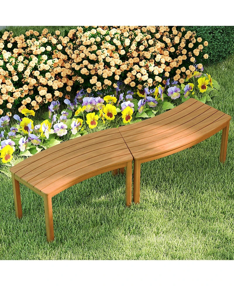 Sugift Outdoor Curved Acacia Wood Bench Set of 2 for Front Porch