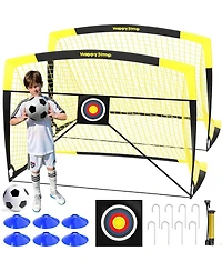 Bearwill 7x5 Ft Portable Soccer Goal with Target Board Agility Markers Pump Ball Training Bundle for Youth Players Ages 6 to 14