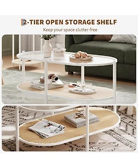 gaomon 2-Tier Rattan Coffee Table with Tempered Glass Top, Farmhouse Water-Wave Glass Metal Tea Center Tables Storage Shelf Decor