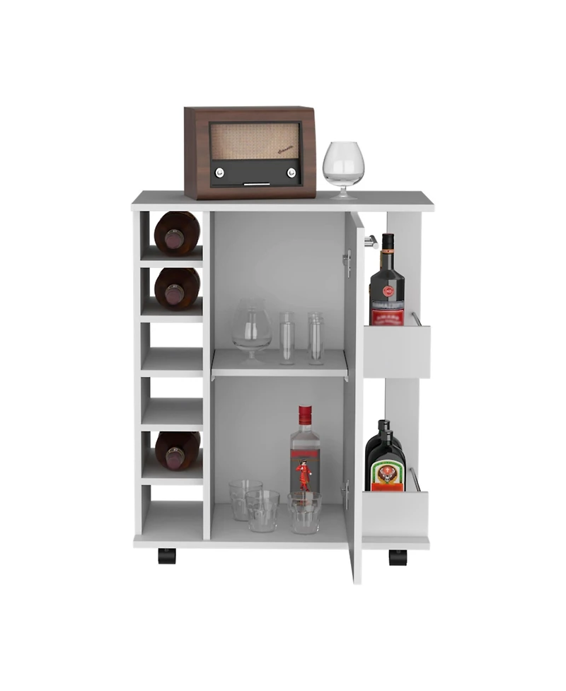 flynama Rolling Bar Cart with 2 Side Storage Shelves, 6 Wine Bottle Rack and Casters