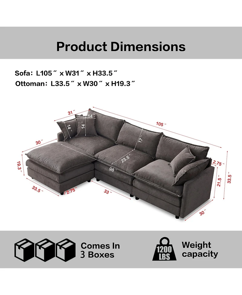 Rainsken L-Shaped Modular Sectional Sofa, 105" 3-Seater Convertible Chenille Couch with Removable Ottoman for Living Room Decor