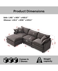 Rainsken L-Shaped Modular Sectional Sofa, 105" 3-Seater Convertible Chenille Couch with Removable Ottoman for Living Room Decor
