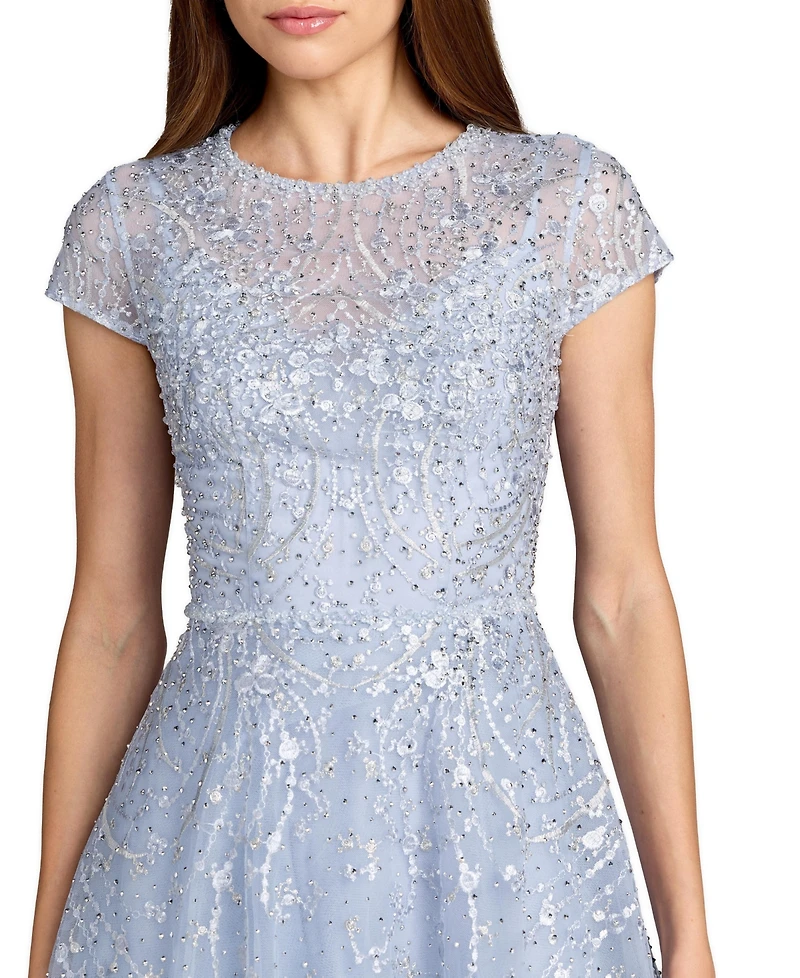 Mac Duggal Women's Embellished High Neck Cap Sleeve A Line Dress