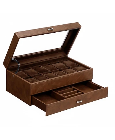 Yigii 2Layer 12Slot Watch Box Pu Leather Removable Pillows Clear Glass Lid Organizer Storage