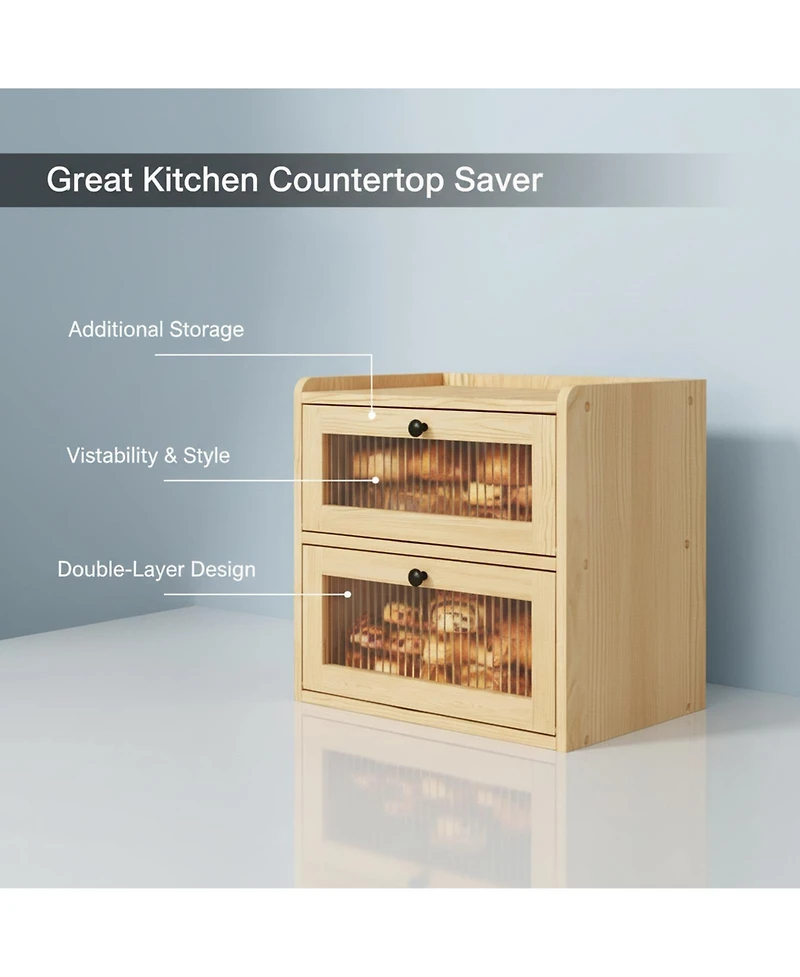 Yigii Double Layer Wooden Bread Box with Window Ventilation Pine Construction Countertop Storage