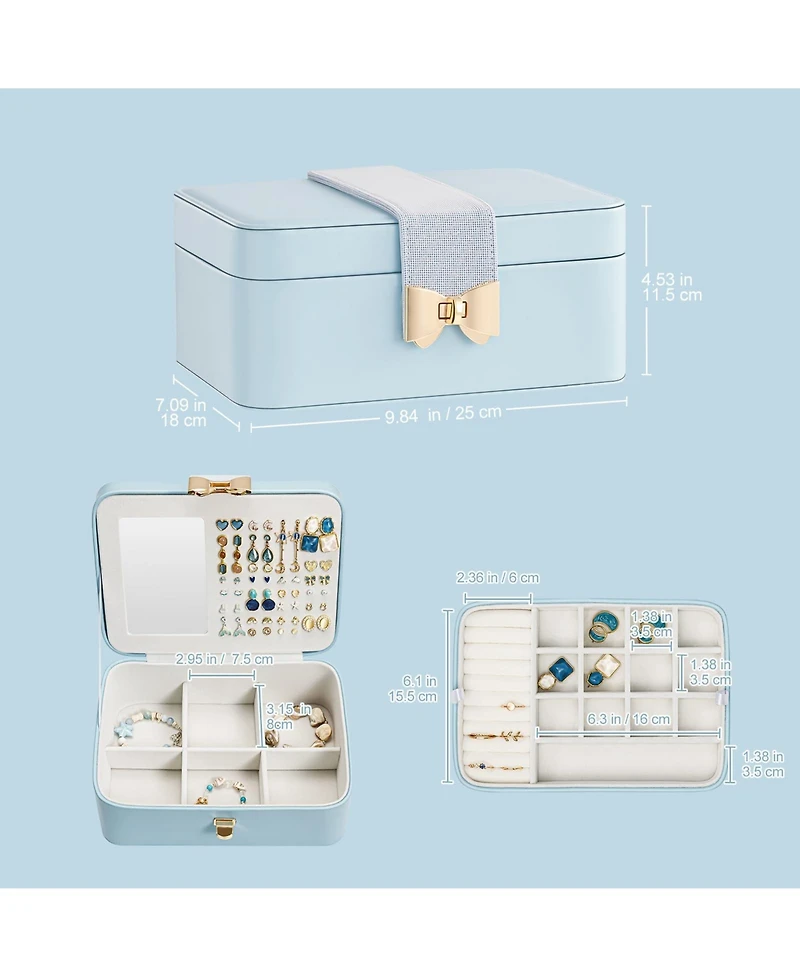 Yigii 2 Layer Jewelry Organizer Box with Bow Clasp Mirror Storage for Earrings Rings Necklaces Gift